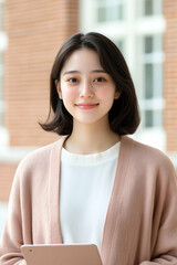 Smiling Young Woman Holding Tablet in Modern Bright Interior