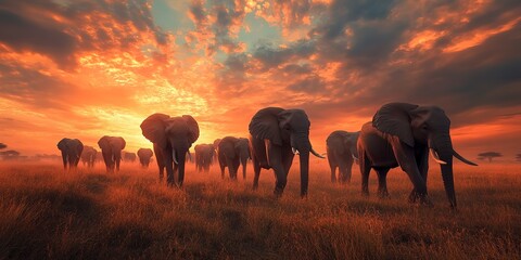 Fototapeta premium herd of elephants trekking across the African savanna under a breathtaking sunset
