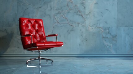 An elegant leather red office chair placed on a shiny floor in front of the wall in the empty room. Nobody, copy space