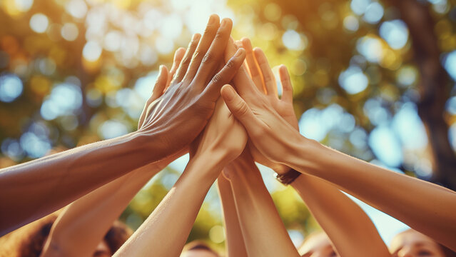 Diverse hands joining together in a high-five, representing unity, teamwork, and community collaboration