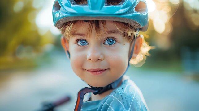 Closeup of a beautiful and cute little preschooler boy wearing a blue bike helmet, looking at the camera and smiling. Male kid or child checking safety before driving a bike outdoors in the summer 