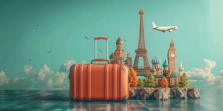 Red suitcase is standing on a world map with the eiffel tower and a cityscape in the background, celebrating world tourism day