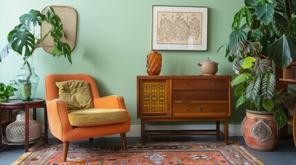 Eclectic Living Room with Sage Green Wall and Vintage Armchair