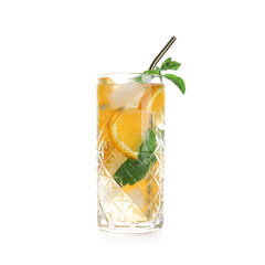 Glass of fresh lemonade with orange and mint on white background