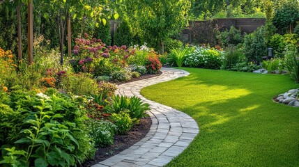 A beautiful green garden with a variety of plants, flowers, and a winding stone path, tranquil outdoor space