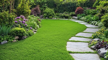 A beautiful green garden with a variety of plants, flowers, and a winding stone path, tranquil outdoor space