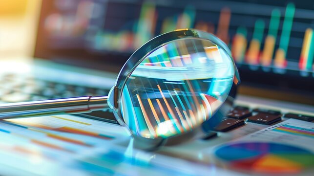 Magnifying glass or lupe placed on the laptop or notebook device keyboard, enlarging the website traffic metrics, graphs and analytics for the ranking of the blog on the internet or web online 