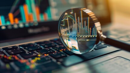 Magnifying glass or lupe placed on the laptop or notebook device keyboard, enlarging the website traffic metrics, graphs and analytics for the ranking of the blog on the internet or web online 