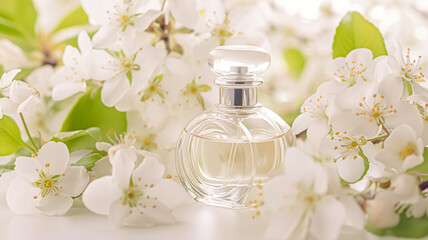 Perfume bottle with beautiful flowers. Beauty concept. Flat lay, top view