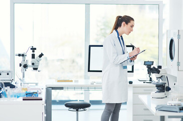 Writing, woman or report for science study, scientist in lab for research to test experiment for...