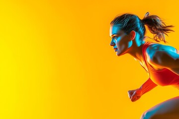 Fototapeta premium Energetic woman in vibrant sport attire running against a bright yellow background, symbolizing strength and determination.