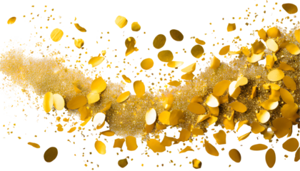 Golden confetti Splash on a white isolated background. Generative AI.