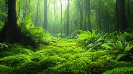 Fototapeta premium A lush green forest with a carpet of moss and ferns, peaceful nature scene and environmental conservation