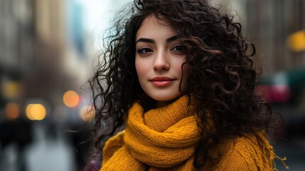 Portrait of a Stylish Young Woman with Curly Hair Against City Background