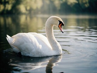 Obraz premium A white swan swims calmly on a quiet lake against the background of water
