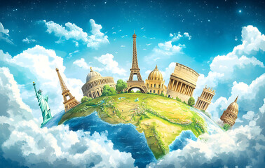 Illustration of a trip around the world, featuring famous landmarks on a globe. The artwork showcases various iconic monuments and creates a world travel background.
