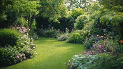 A lush green garden with a variety of flowering plants and shrubs, peaceful outdoor space and relaxation concept