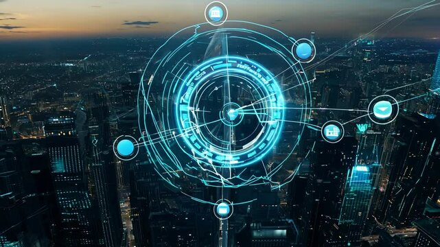 Spectacular nighttime aerial view of a futuristic city skyline with glowing digital overlay technology