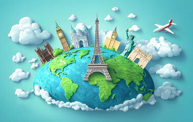 Illustration of a trip around the world, featuring famous landmarks on a globe. The artwork showcases various iconic monuments and creates a world travel background.