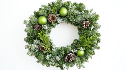Top view of a lush evergreen wreath with pinecones and green ornaments Isolated on a white background, bright lighting, and detailed textures
