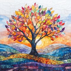 Whimsical autumn tree with colorful leaves