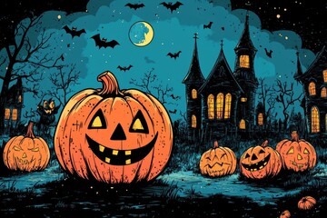 Fototapeta premium Cute halloween characters posing with pumpkins on brick wall