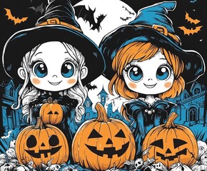 Spooky and funny halloween pumpkins celebrating halloween