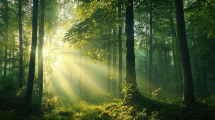 A tranquil green forest with tall trees and dappled sunlight filtering through the leaves, peaceful nature scene