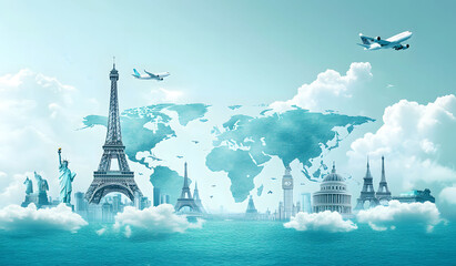 Illustration of a trip around the world, featuring famous landmarks on a globe. The artwork showcases various iconic monuments and creates a world travel background.