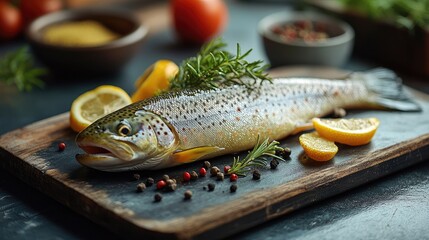 Fresh raw rainbow trout fish lying on black stone cutting board surrounded by spices and herbs for cooking