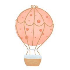 Hot air balloon transport with brown basket and ropes, with peach colored balloon with circle pattern watercolor digital color illustration children's for sky part of constructor element for printing 