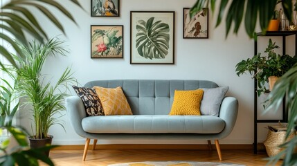 Put plant beside couch with cushions in living room interior featuring wooden floors and posters, real photo.