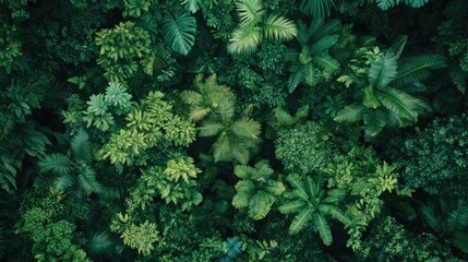 Fototapeta premium Aerial view of a dense rainforest, vibrant green foliage, and diverse plant life, environmental conservation
