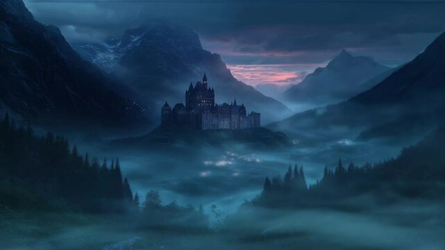 A Mysterious scary old gothic architecture castle in a mountain valley, horror spooky atmosphere animation motion video background