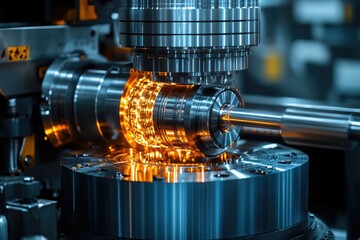 Naklejka premium Cnc machine cutting metal, creating sparks in heavy industry
