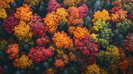 Aerial view of a forest in autumn with colorful foliage, vibrant reds, oranges, and yellows, seasonal change