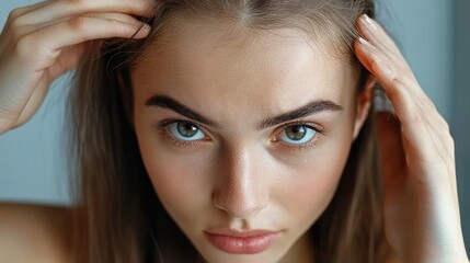 Fototapeta premium Young woman checking her hair part for signs of hair loss