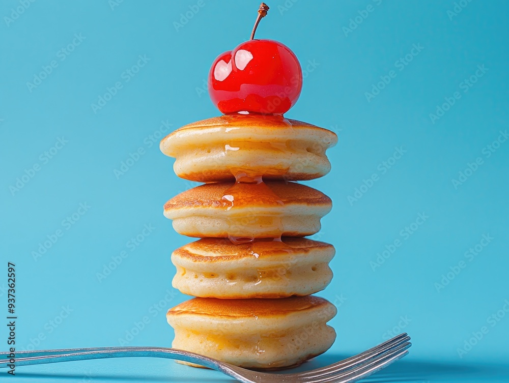 Wall mural drizzling maple syrup on stack of pancakes with cherry on top