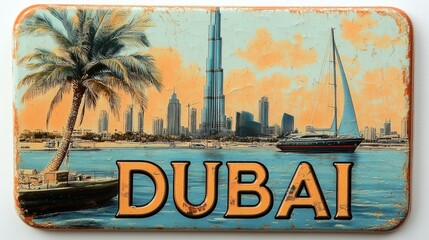 Obraz premium Dubai skyline with burj khalifa and sailboat sailing on sea with tourists enjoying vacation