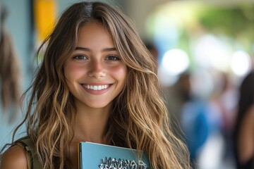 Beautiful student girl smiling while holding books outdoors