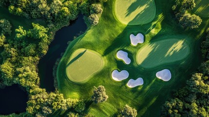 Aerial view of a green golf course with lakes and sand traps, outdoor sports and recreation concept, nature background