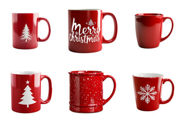 Six Red Christmas Mugs with Different Designs