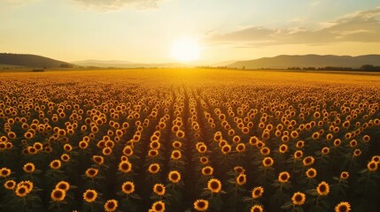 Obraz premium Aerial view of a sunflower field at golden hour, vibrant yellow flowers and natural landscape, nature background