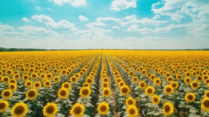 Obraz premium Aerial view of a vast sunflower field under a bright blue sky, vibrant yellow flowers and agricultural landscape