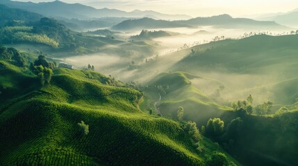 Aerial view of green tea plantations on rolling hills, misty landscape and sustainable agriculture, nature background -