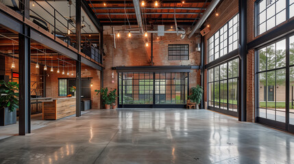 a spacious warehouse with exposed brick walls, high ceilings, and large windows.