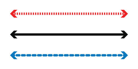 Horizontal long arrow vector. Horizontal dual sided long straight arrow signs. Black, red, stock pointer, direction, position symbol and double arrow icon. Long arrow icon set.