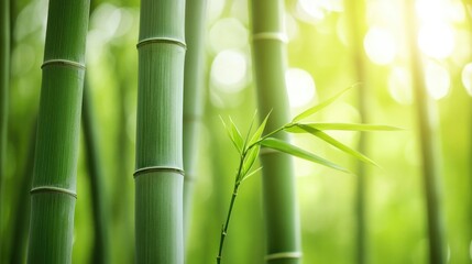Fototapeta premium Close-up of a bamboo forest with tall green stalks, peaceful and serene nature scene with space for text