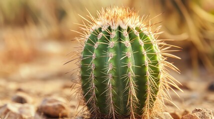 Obraz premium Close-up of a cactus plant with sharp spines, desert plant life, and arid environment concept with space for text