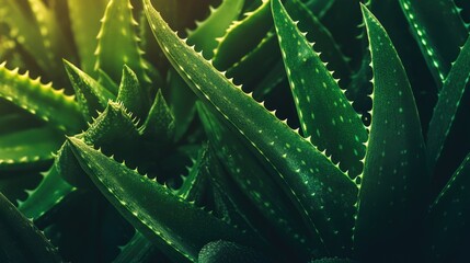 Close-up of a green aloe vera plant with thick, succulent leaves, natural skincare and remedy concept, nature background